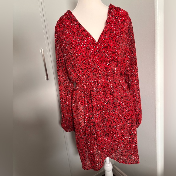 Only Red and Black Wrap Sundress with Sheer Bishop Sleeves - Picture 1 of 10